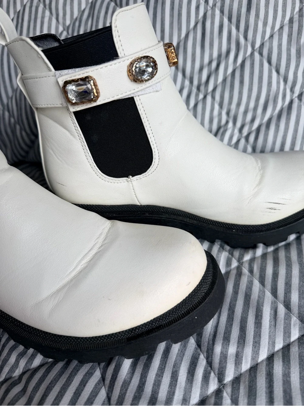 Sugar White Chelsea Ankle Boots with Jeweled Strap